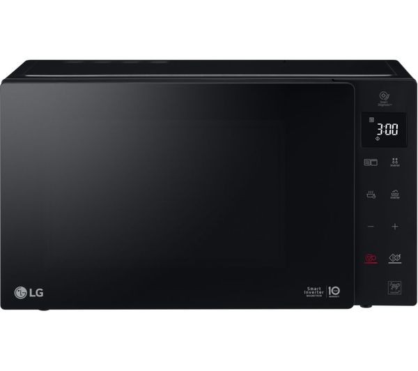 Compact black LG NeoChef MH6535GIS microwave with grill, featuring a sleek design, digital display, and intuitive control panel with various cooking options.