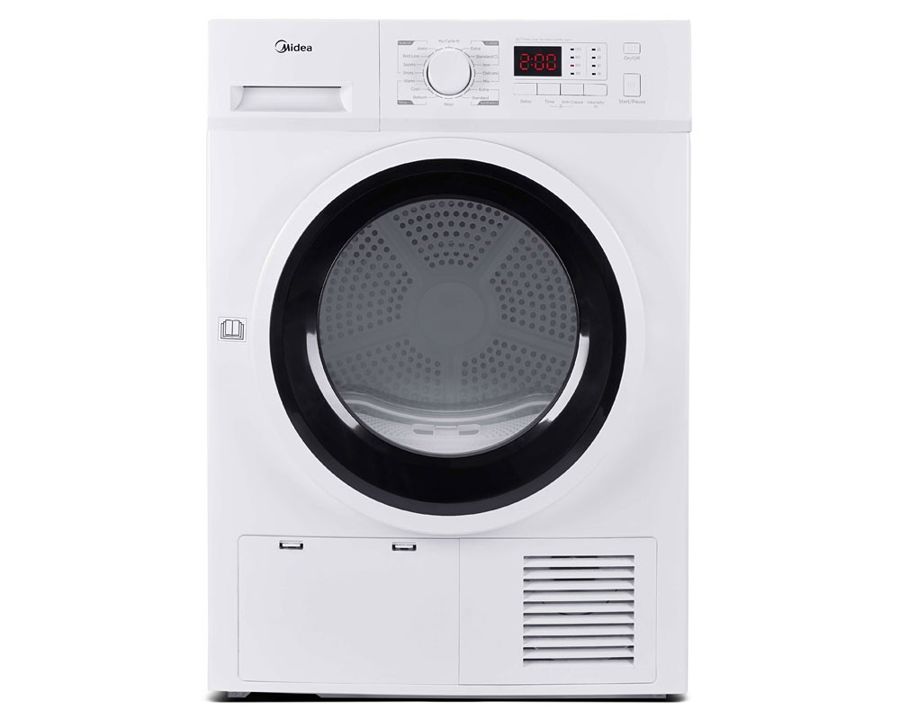 Front-loading heat pump dryer in white with a large transparent door, control panel featuring a digital display, and a sleek design, ideal for efficient laundry drying.