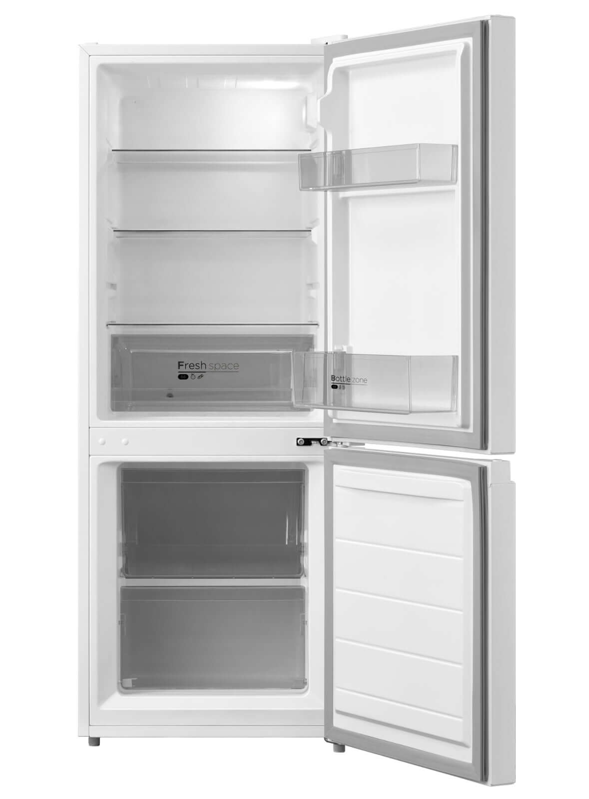 Midea refrigerator in white, featuring a top freezer and bottom refrigerator design, with multiple shelves and a clear drawer labeled "Fresh space."