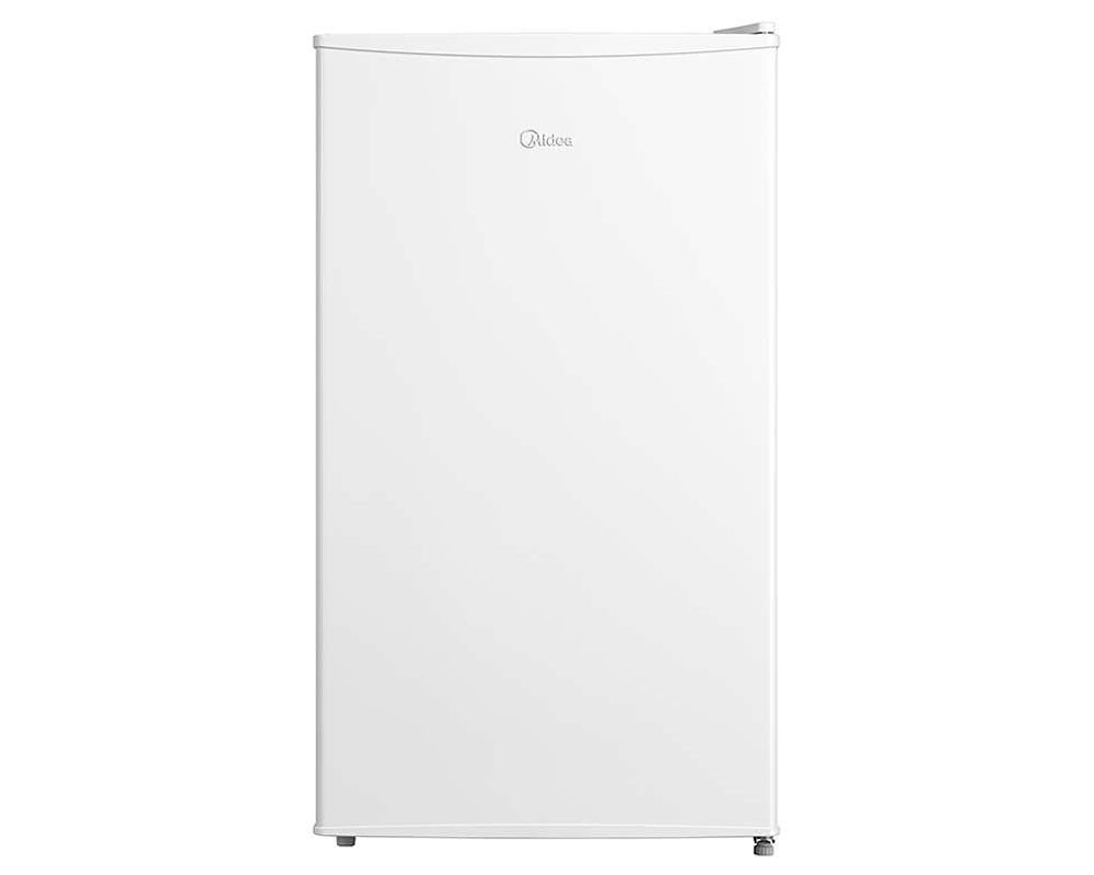 White under-counter larder fridge with a smooth finish, featuring a simple design, rounded edges, and a compact size of 47.2cm and 93L capacity.
