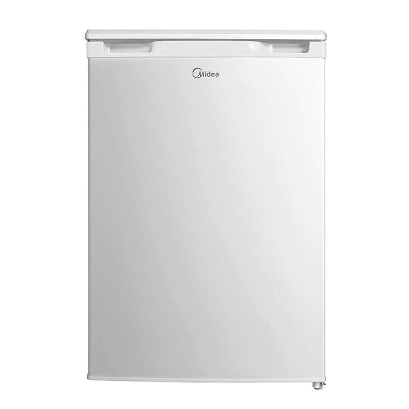 White Midea refrigerator with a smooth finish, featuring a top handle, adjustable feet, and a minimalist design, ideal for compact spaces.
