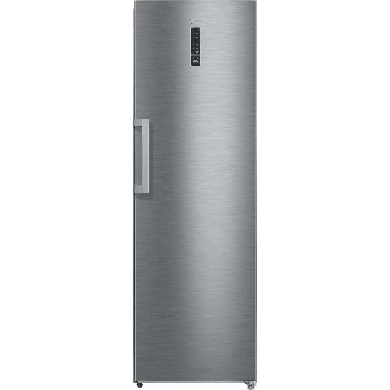 Stainless steel upright freezer with a sleek, brushed finish, featuring a digital control panel and a single handle on the right side.