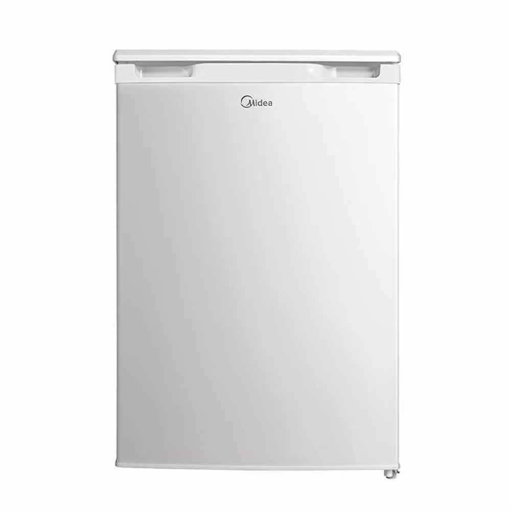 White compact refrigerator with a smooth finish, featuring a top-mounted handle and a minimalist design, ideal for small spaces.