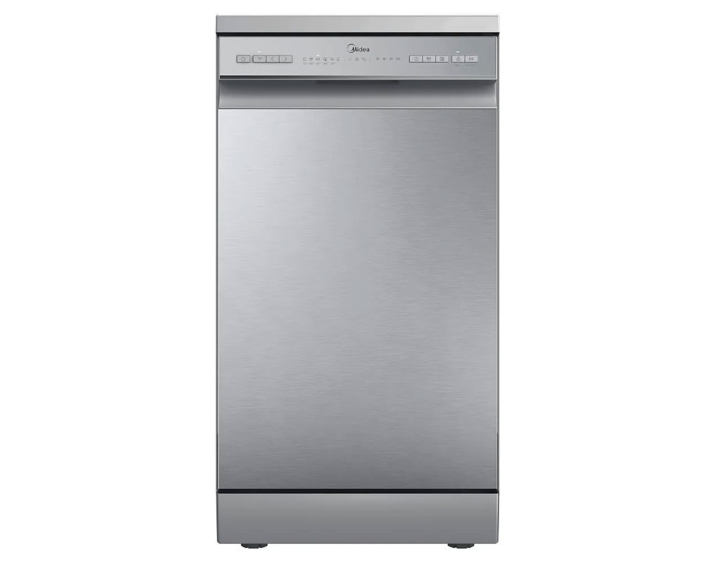Slimline silver freestanding dishwasher with a sleek stainless steel finish, featuring a control panel with buttons and indicators at the top.