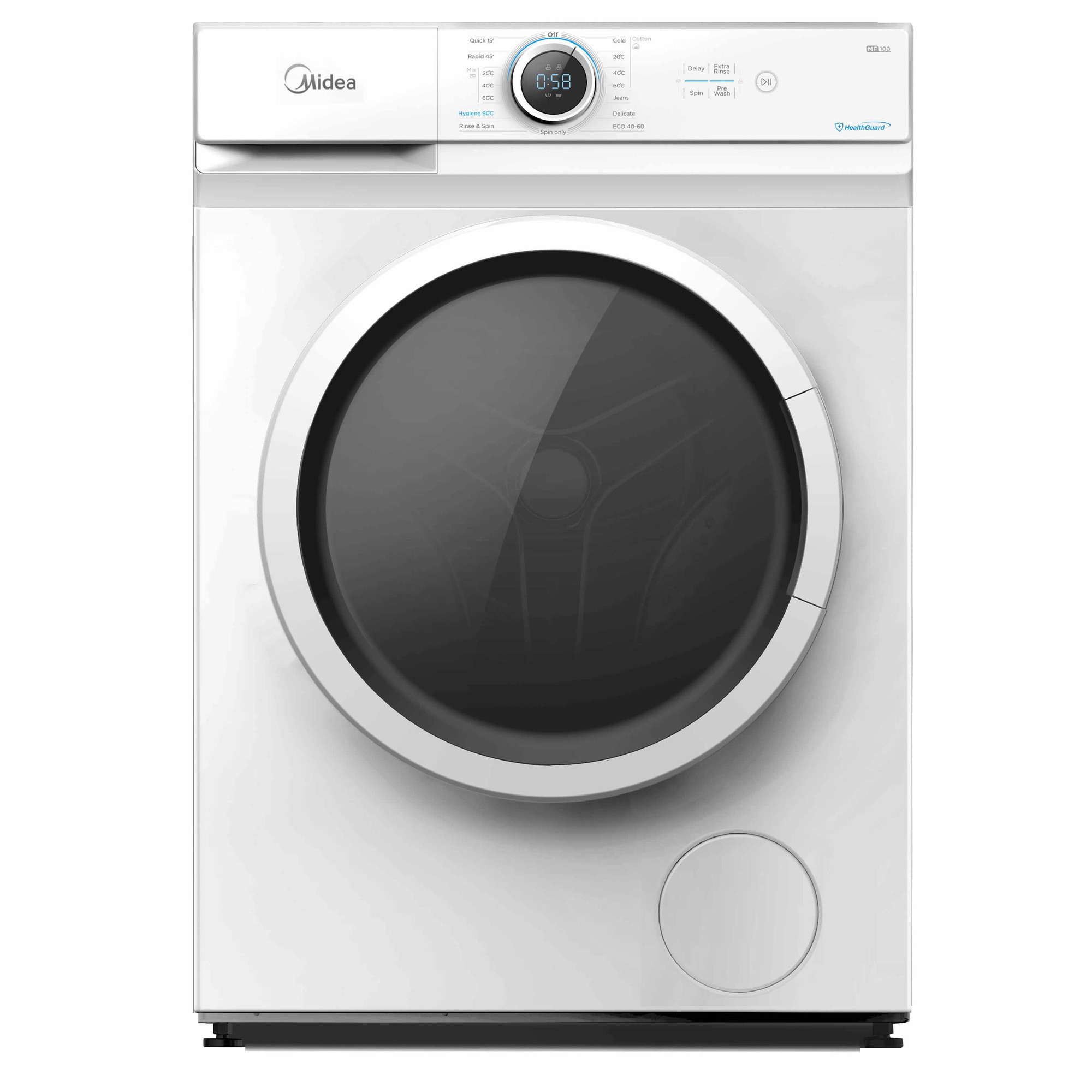 White front-loading dryer with a large black glass door, digital display, and control panel featuring buttons and a dial for settings.