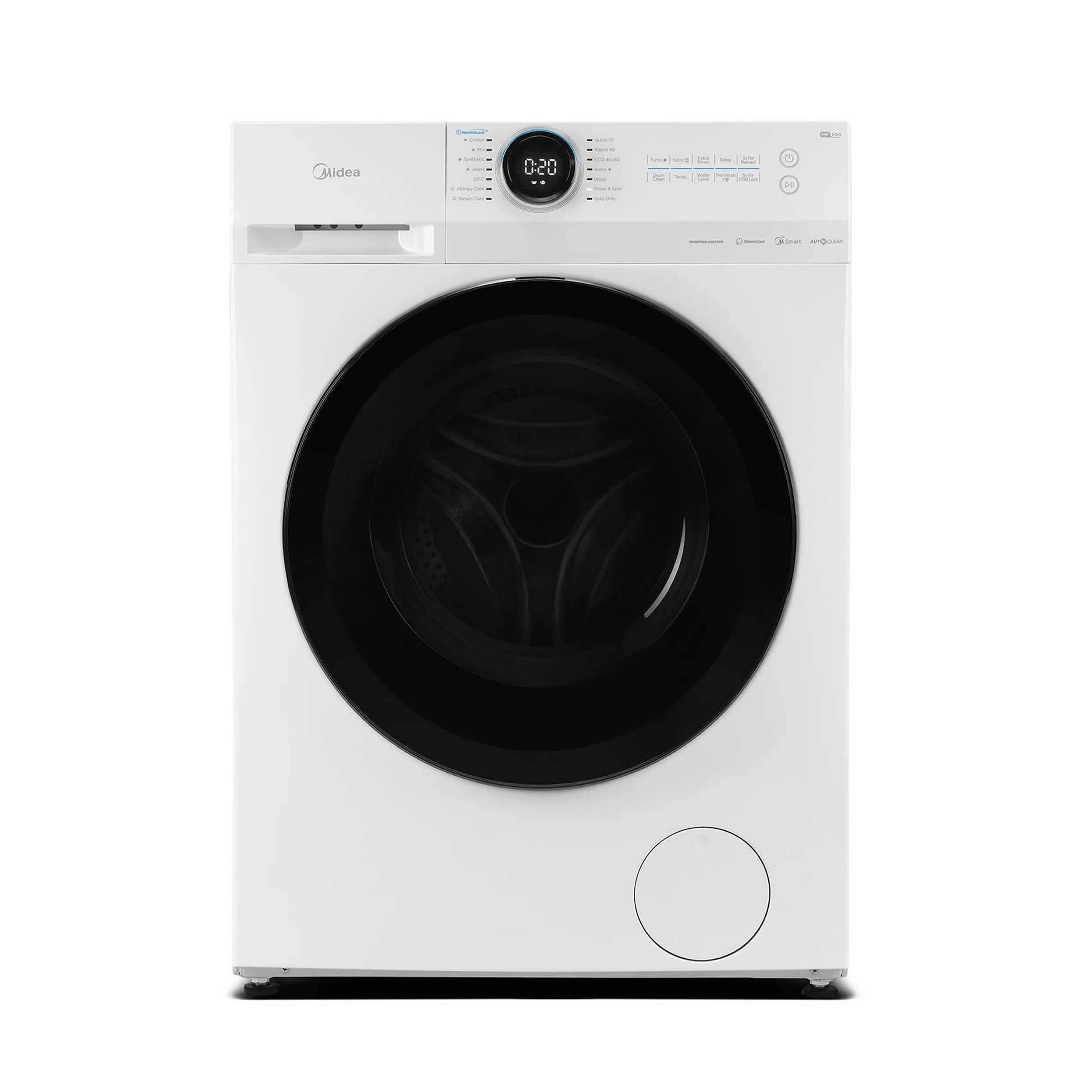 Front-loading washing machine in sleek white finish with a large black door, digital display, and control panel featuring various wash settings and a timer.