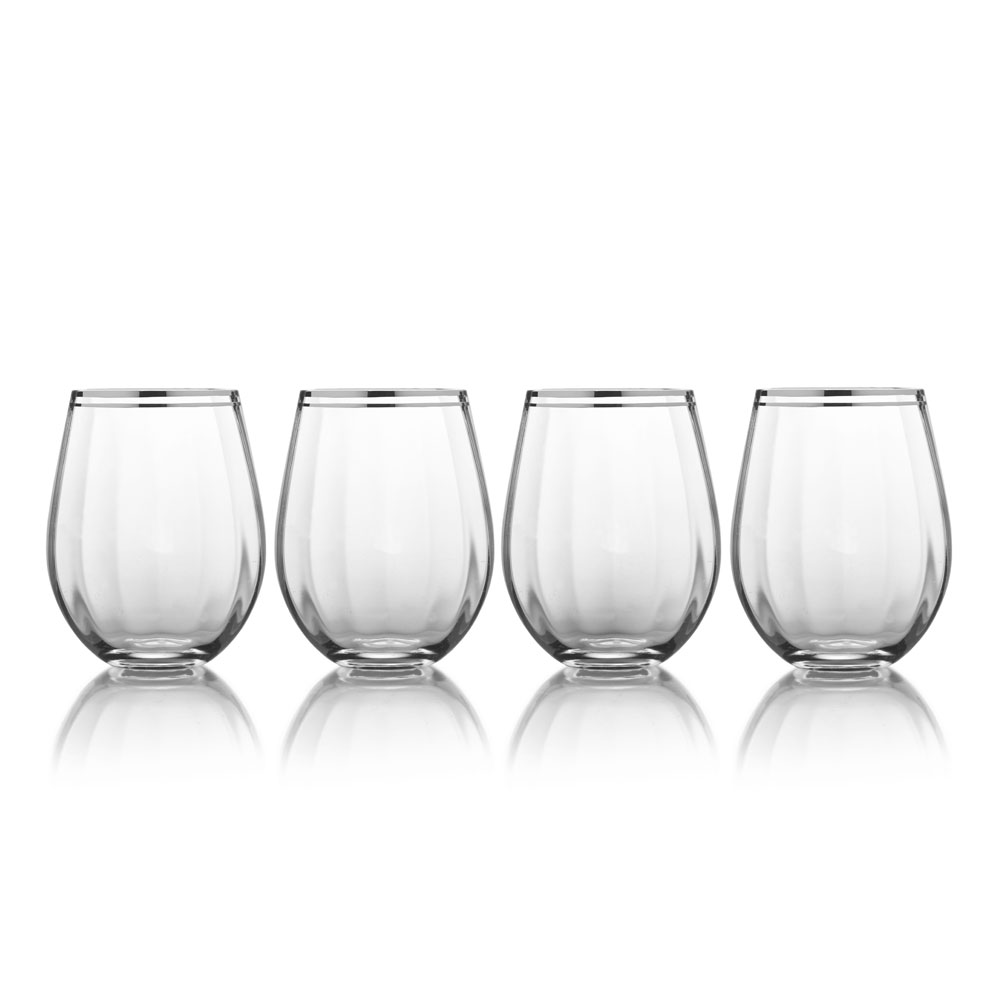 Set of four stemless wine glasses by Mikasa, featuring a sleek, clear glass design with a platinum rim for an elegant touch.