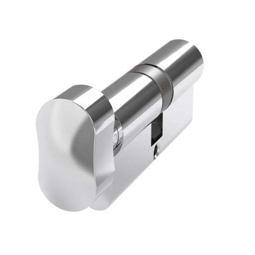 Polished chrome knob cylinder lock with anti-drill feature, featuring a sleek, rounded design and a smooth finish, ideal for secure door installations.