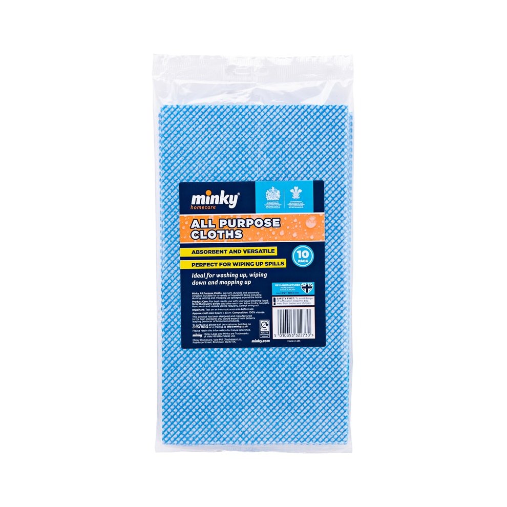Ten blue, absorbent all-purpose cloths packaged in a clear plastic bag, featuring a textured surface and labeled with product details and usage instructions.
