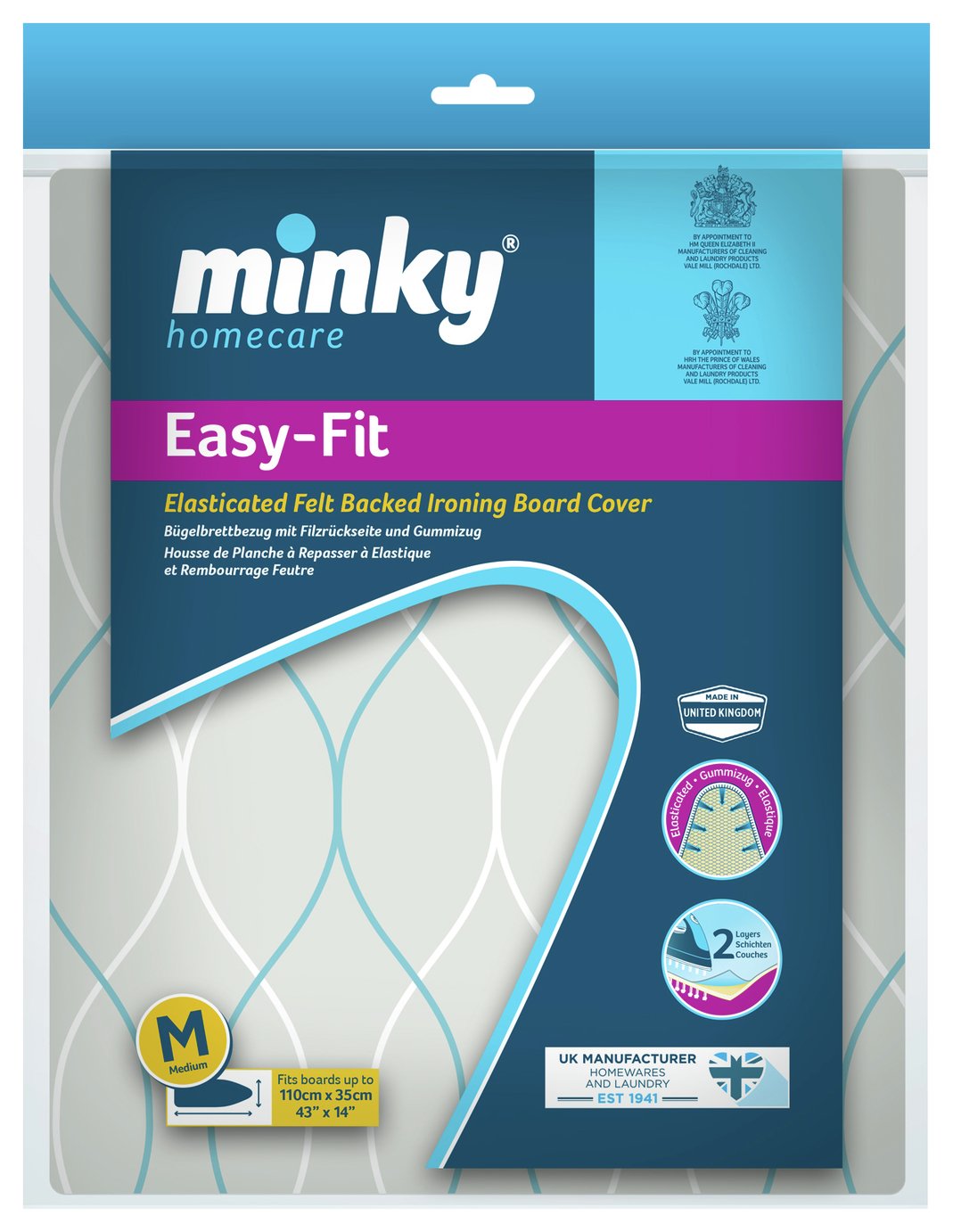 Minky Easy Medium Ironing Cover in light grey with a wavy pattern, elasticated felt backing, fits boards 110 x 35 cm, features a durable design for easy fitting and use.
