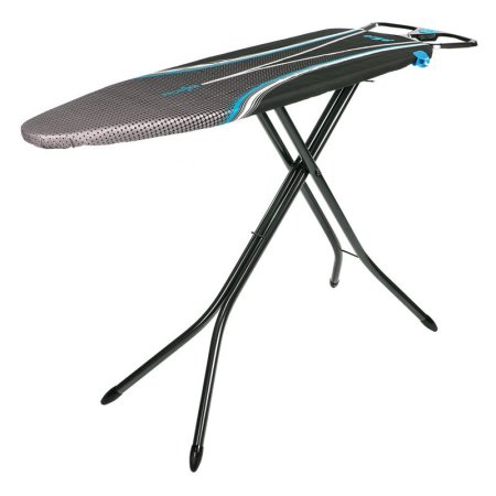 Minky Ergo ironing board in blue, measuring 122x38cm, features a padded surface with a sleek design, supported by a sturdy black frame and adjustable height.