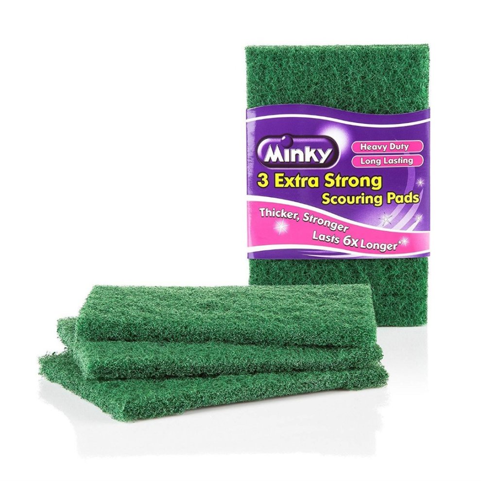 Three green heavy-duty scouring pads packaged with a purple label stating "Minky 3 Extra Strong Scouring Pads," emphasizing thickness, strength, and long-lasting durability.
