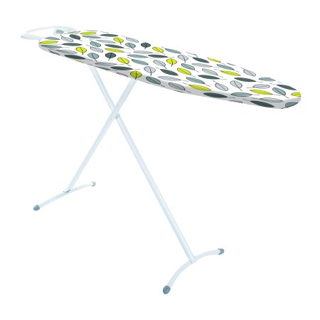 Compact ironing board in white with a leaf-patterned cover in green and gray, featuring a sturdy metal frame and a lightweight design for easy storage.
