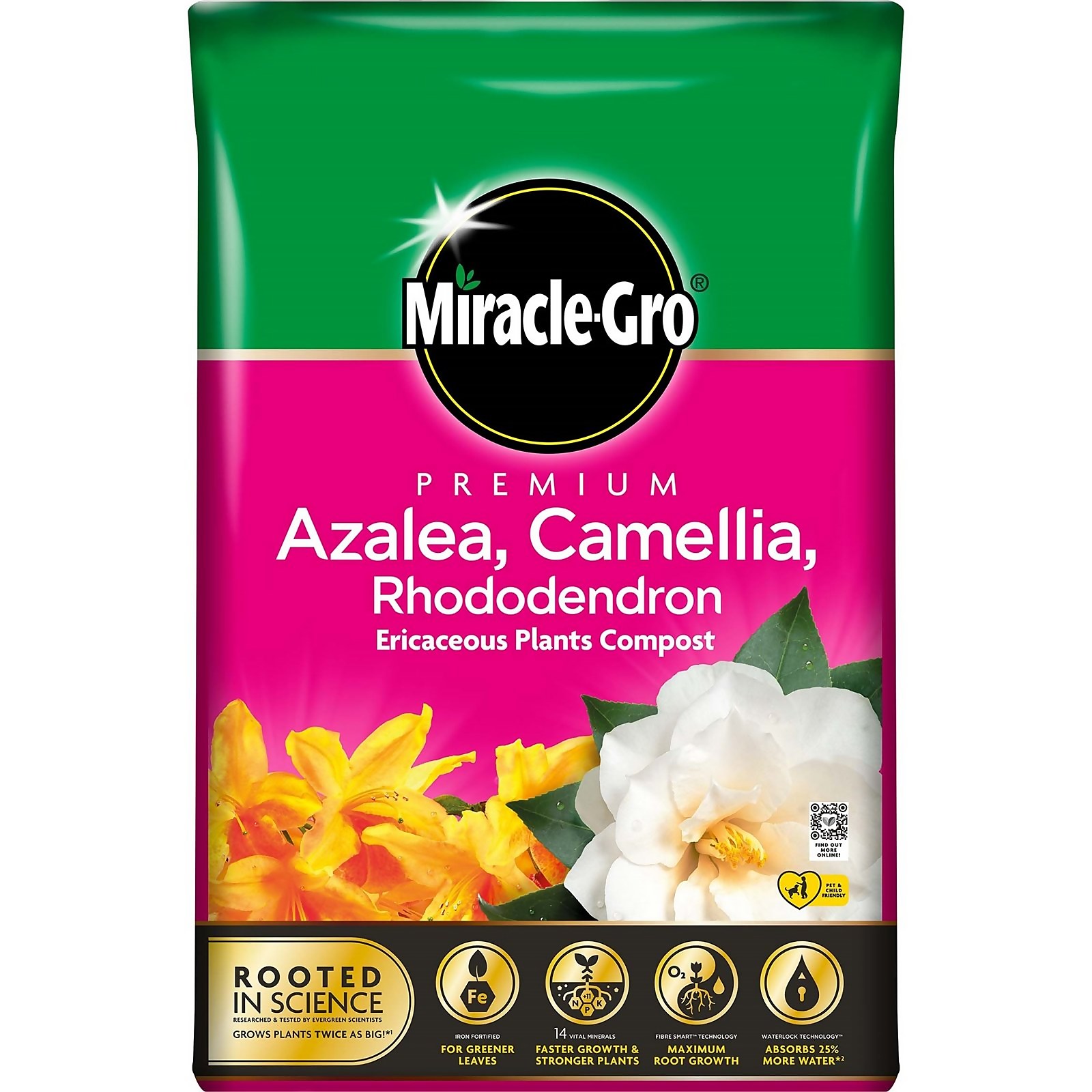 Bright green bag featuring yellow azalea and white camellia flowers, labeled "Miracle-Gro Premium Azalea, Camellia & Rhododendron Ericaceous Compost - 40L," with a scientific emphasis.