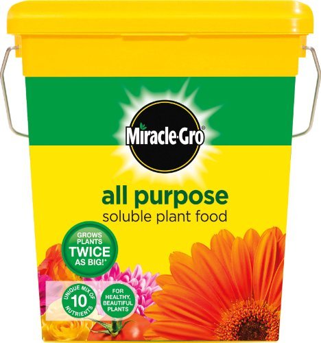 Bright yellow bucket of Miracle-Gro continuous release plant food, 2kg, featuring a black logo, colorful flowers, and text highlighting its all-purpose, nutrient-rich formula.