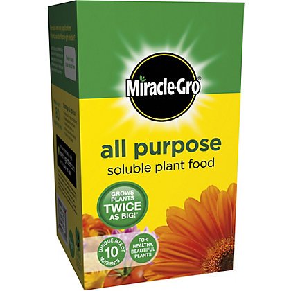 Bright yellow box of Miracle-Gro All Purpose Plant Food, featuring a sunflower graphic, with green accents and text highlighting its benefits for healthy, vibrant plants.