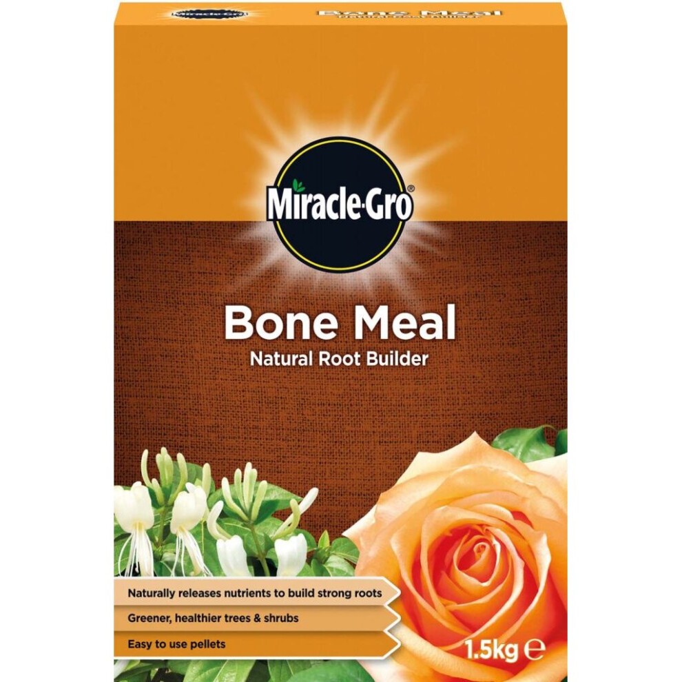 Miracle-Gro Bone Meal 1.5kg package featuring a brown background, orange accents, and images of a rose and white flowers, labeled as a natural root builder for plants.