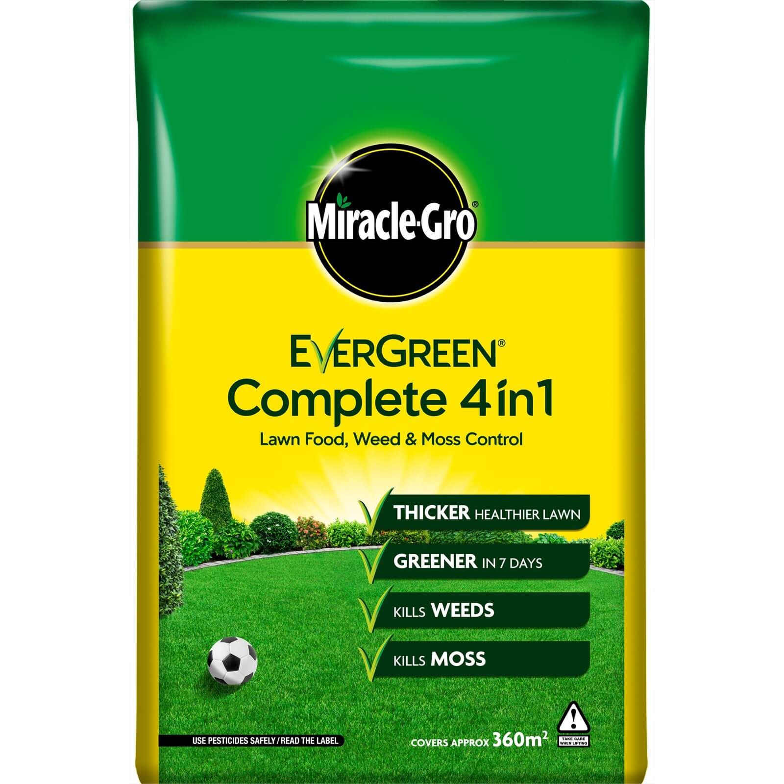 Green and yellow bag of Miracle-Gro EverGreen Complete 4 in 1 lawn treatment, featuring a soccer ball and text highlighting its benefits for lawn health, weed, and moss control.
