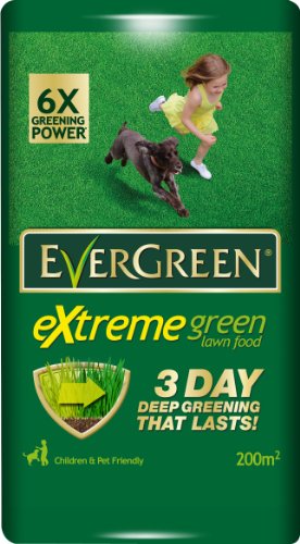 Green and gold bag of Miracle-Gro EverGreen Fast Green Lawn Food, 7kg, featuring a child running with a dog, with text highlighting "3 DAY DEEP GREENING THAT LASTS!" and "Children & Pet Friendly."