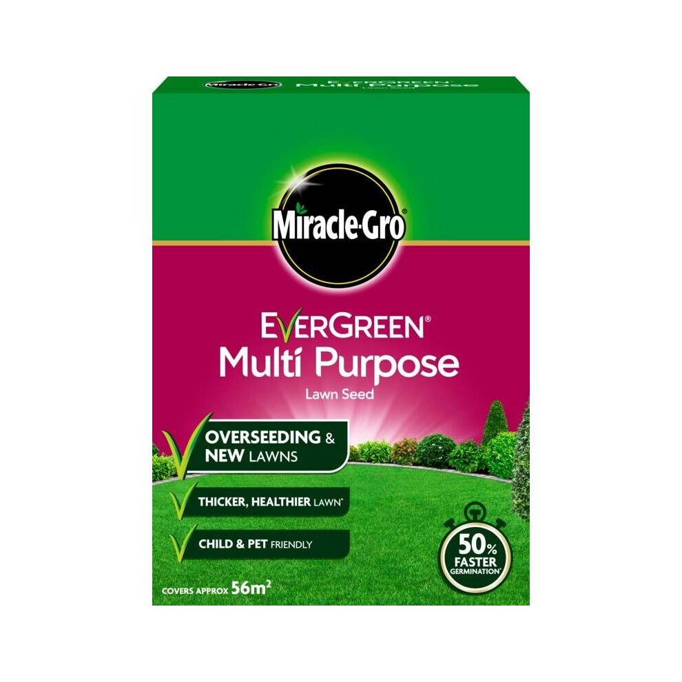 Bright green box of Miracle-Gro Multi Purpose Grass Seed 1.6kg featuring bold text, icons for overseeding and pet-friendliness, and a vibrant garden background illustration.