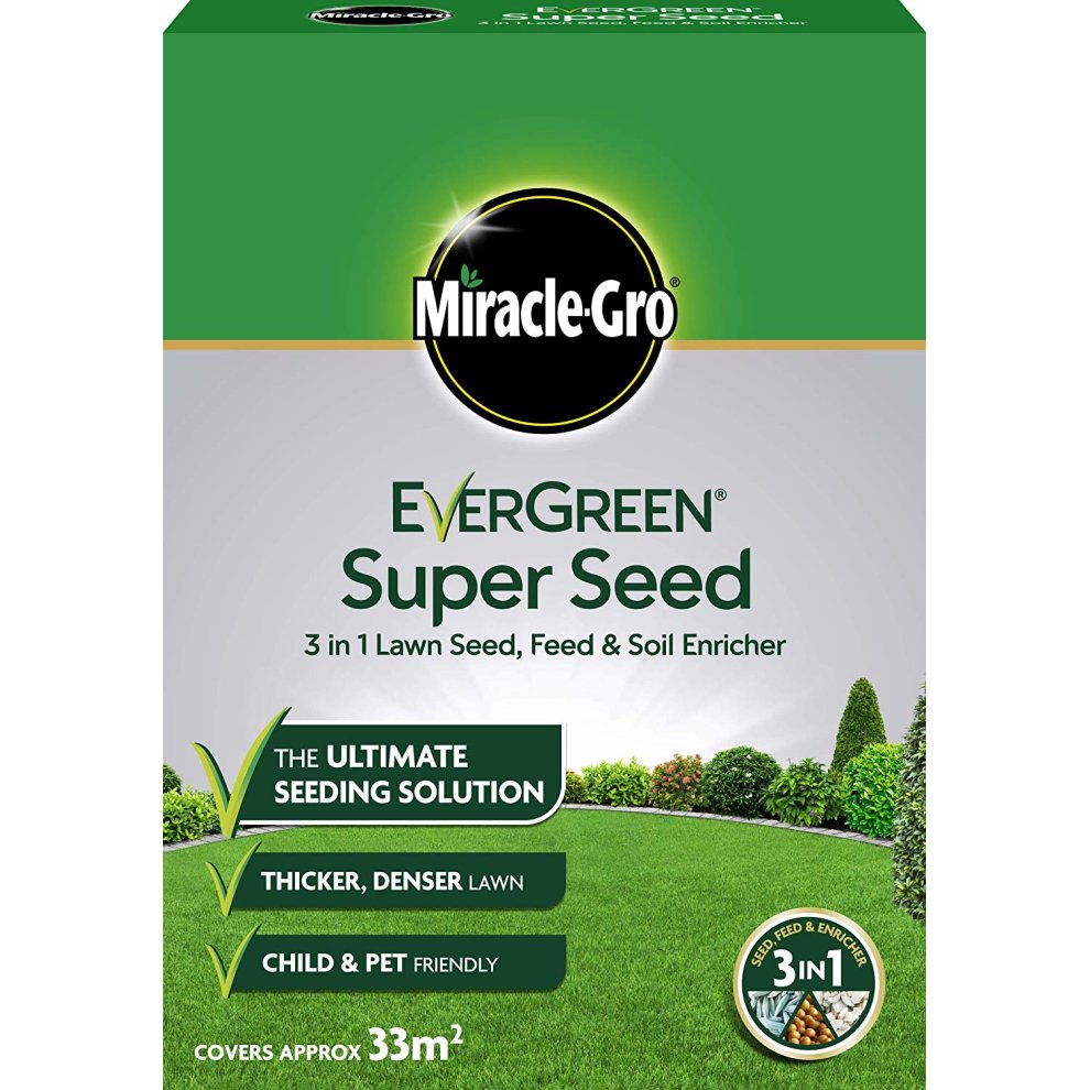 Green and yellow box of Miracle-Gro Evergreen Super Seed 3 in 1 Lawn Seed, featuring text highlighting its benefits and coverage area of approximately 33m².