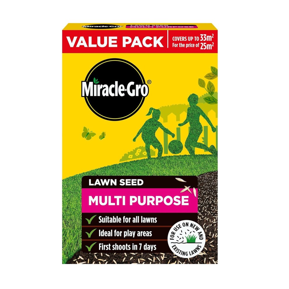 Bright yellow box labeled "Miracle-Gro Multi Purpose Lawn Seed," featuring green grass seeds, illustrations of children playing, and text highlighting coverage and suitability for lawns.