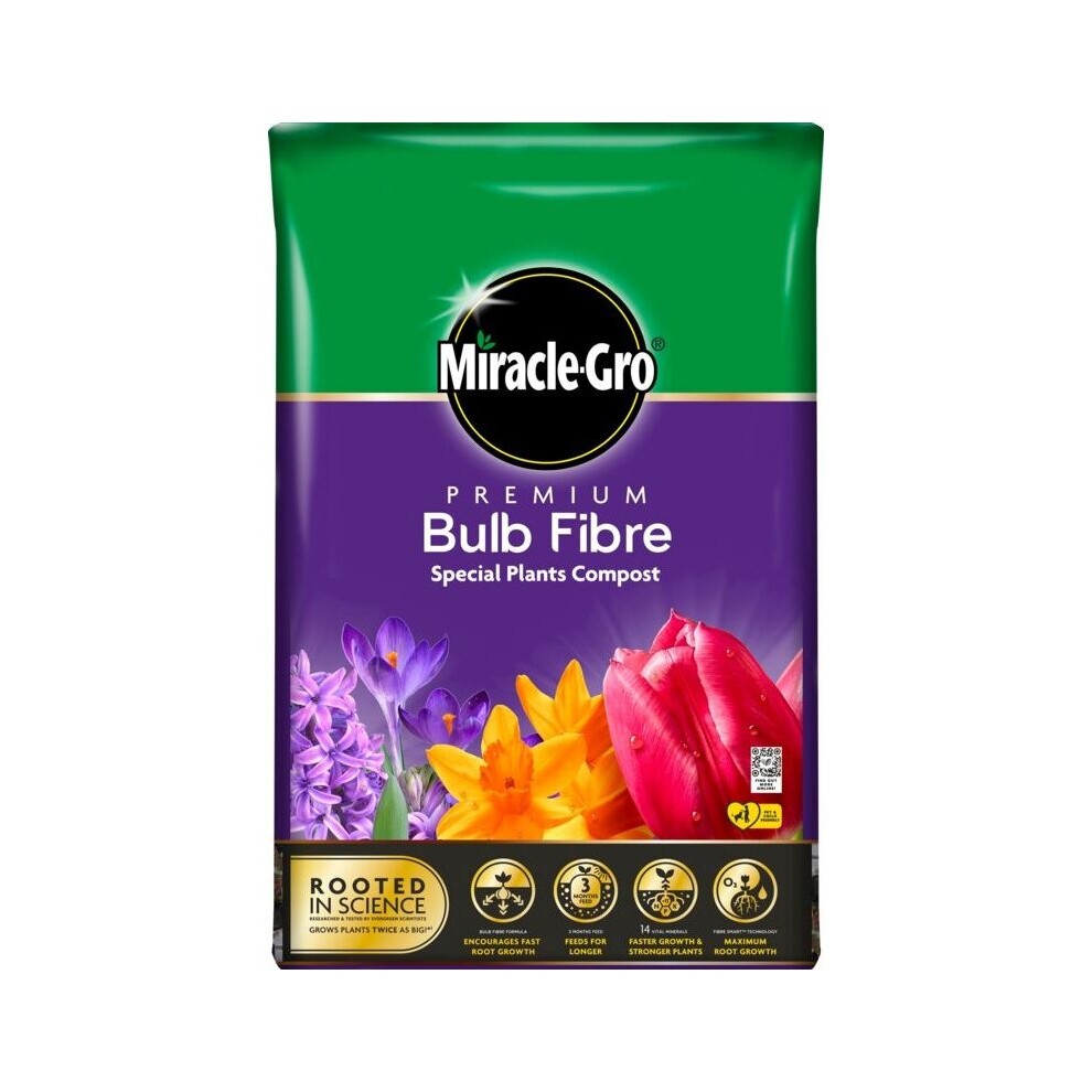 Green and purple bag of Miracle-Gro Bulb Fibre 10L, featuring vibrant flower images and logos, designed for special plants compost.
