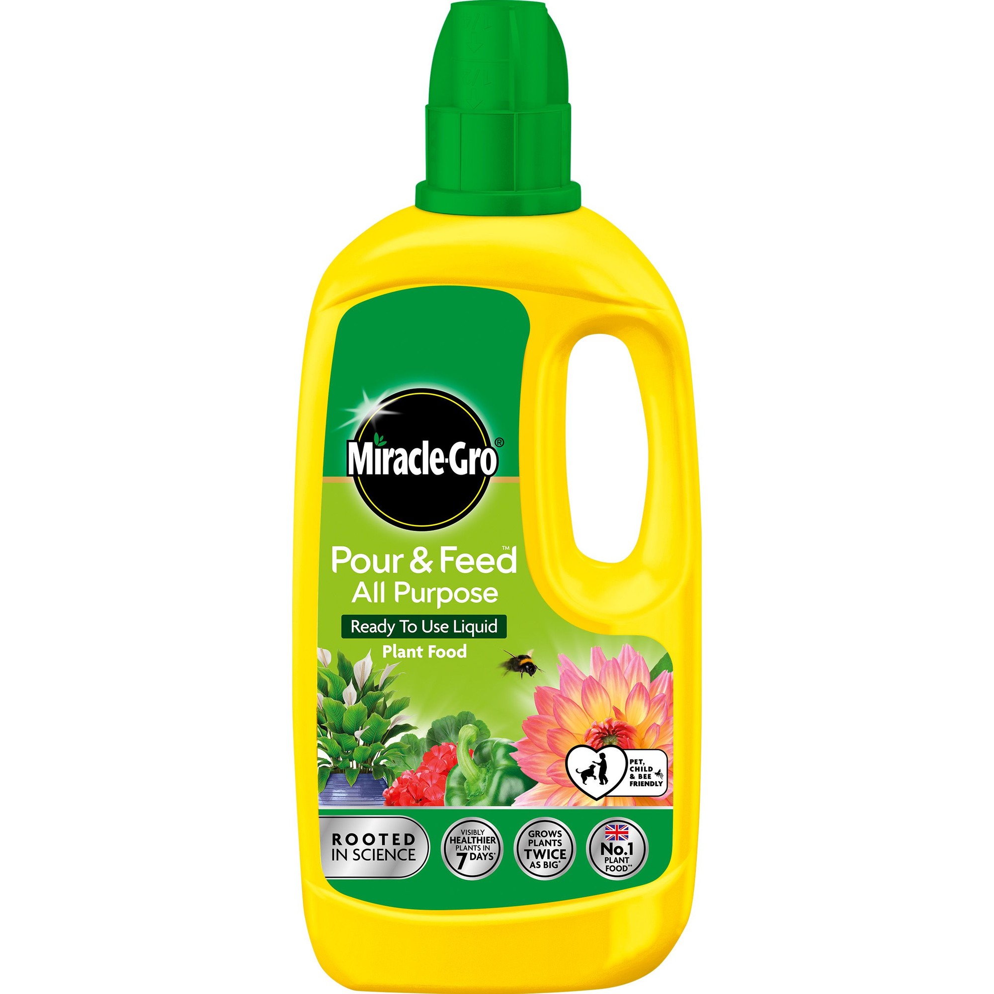 Bright yellow plastic bottle of Miracle-Gro Pour and Feed All Purpose Liquid Plant Food, featuring a green cap, floral graphics, and a label indicating it's ready to use.