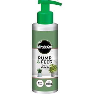 Green and silver bottle of Miracle-Gro Pump & Feed, featuring a green pump top, labeled for all-purpose plant food, suitable for indoor and outdoor use, 200ml size.