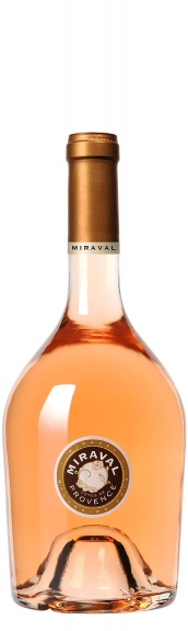 Miraval Rose Magnum, 1.5 L, features a sleek glass bottle with a light pink rosé wine, a gold foil cap, and a circular label with "Miraval Provence" prominently displayed.