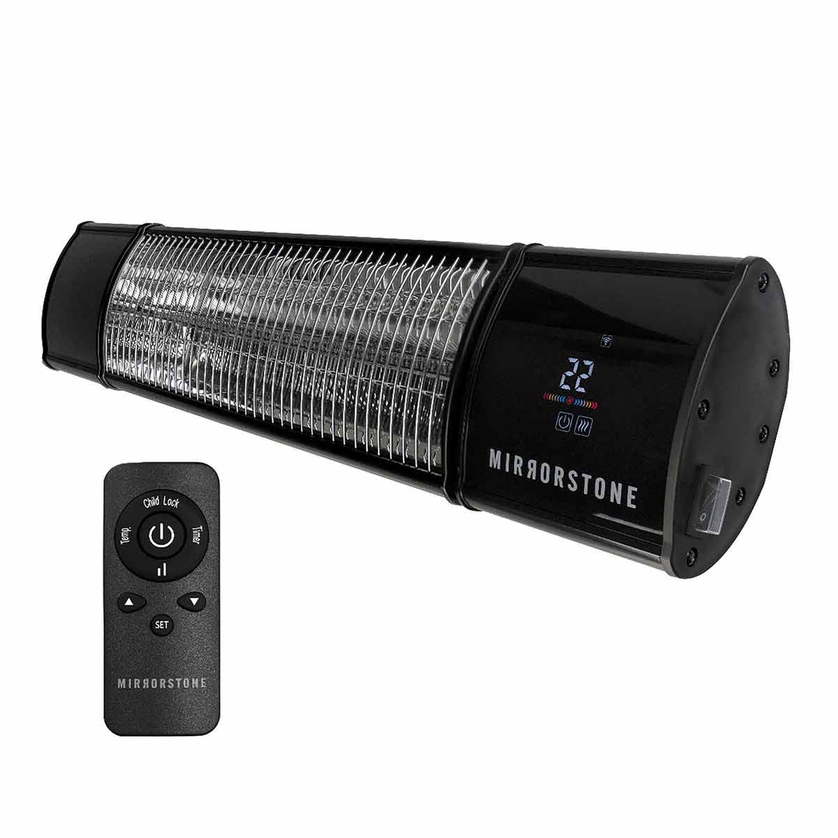 Black infrared bar heater with a sleek design, featuring a digital display, remote control, and a grid cover for heat distribution, designed for Wi-Fi connectivity.