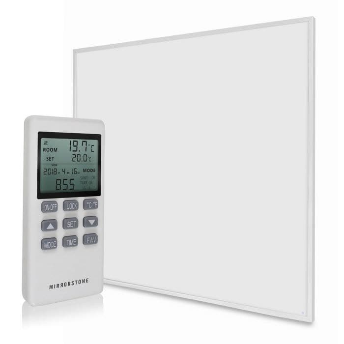 White rectangular infrared wall heating panel with a sleek design, accompanied by a digital remote control displaying temperature settings and modes.