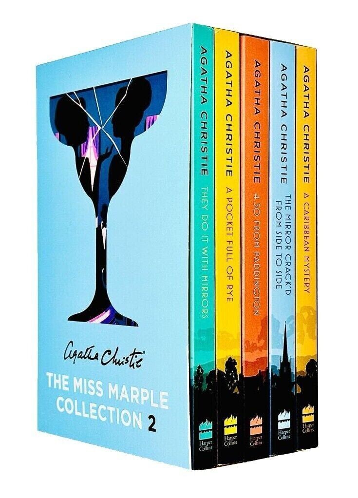 A boxed set of "Miss Marple Mysteries Series 6-10" by Agatha Christie, featuring colorful covers with illustrations and titles, in a light blue box with a stylized cocktail glass design.