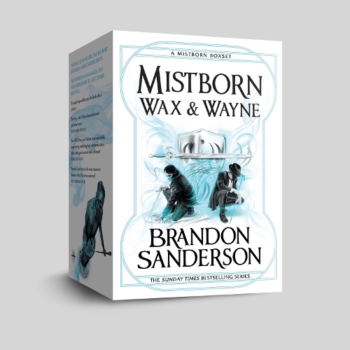 White box set featuring "Mistborn Wax & Wayne" series by Brandon Sanderson, with blue accents and illustrations of characters on the front and spine.