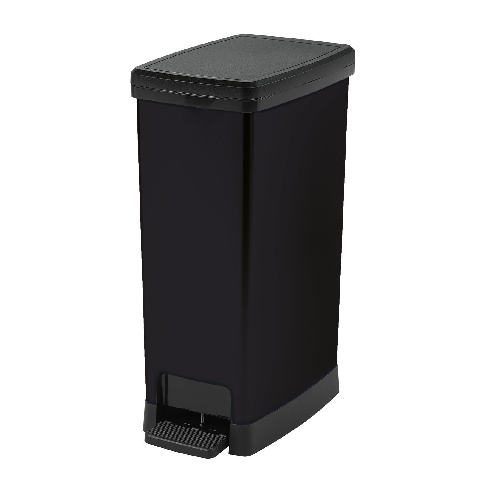 Black 40L slim pedal bin with a sleek design, featuring a foot pedal for hands-free opening and a secure lid for odor control.