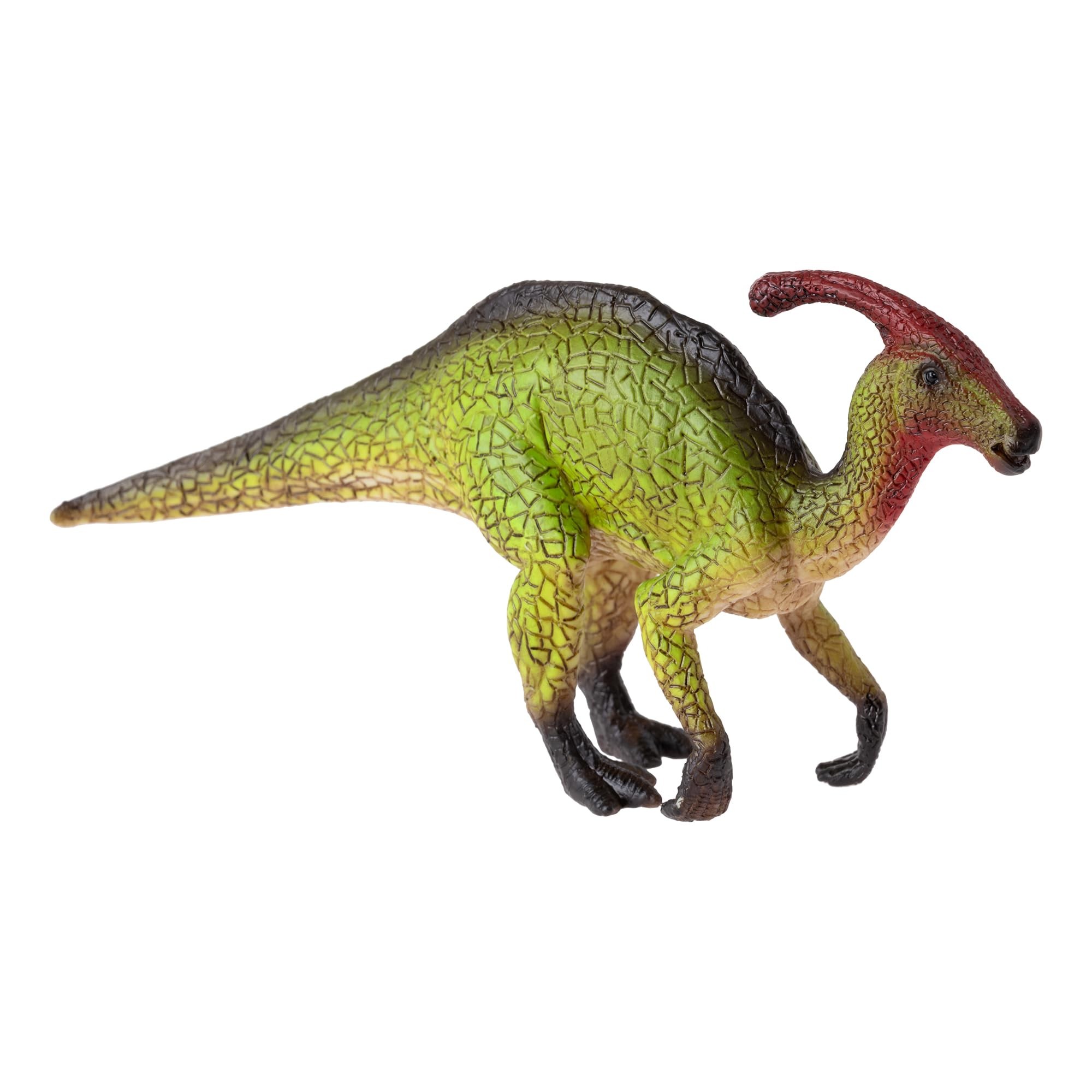 Hand-painted Parasaurolophus toy figure in vibrant green and red, featuring intricate textures and details, crafted from durable material for a realistic prehistoric look.