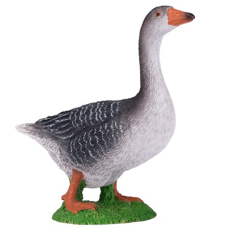 Realistic goose figurine featuring a textured gray body, orange beak, and feet, standing on a green grass base, made of durable plastic for farmyard play.