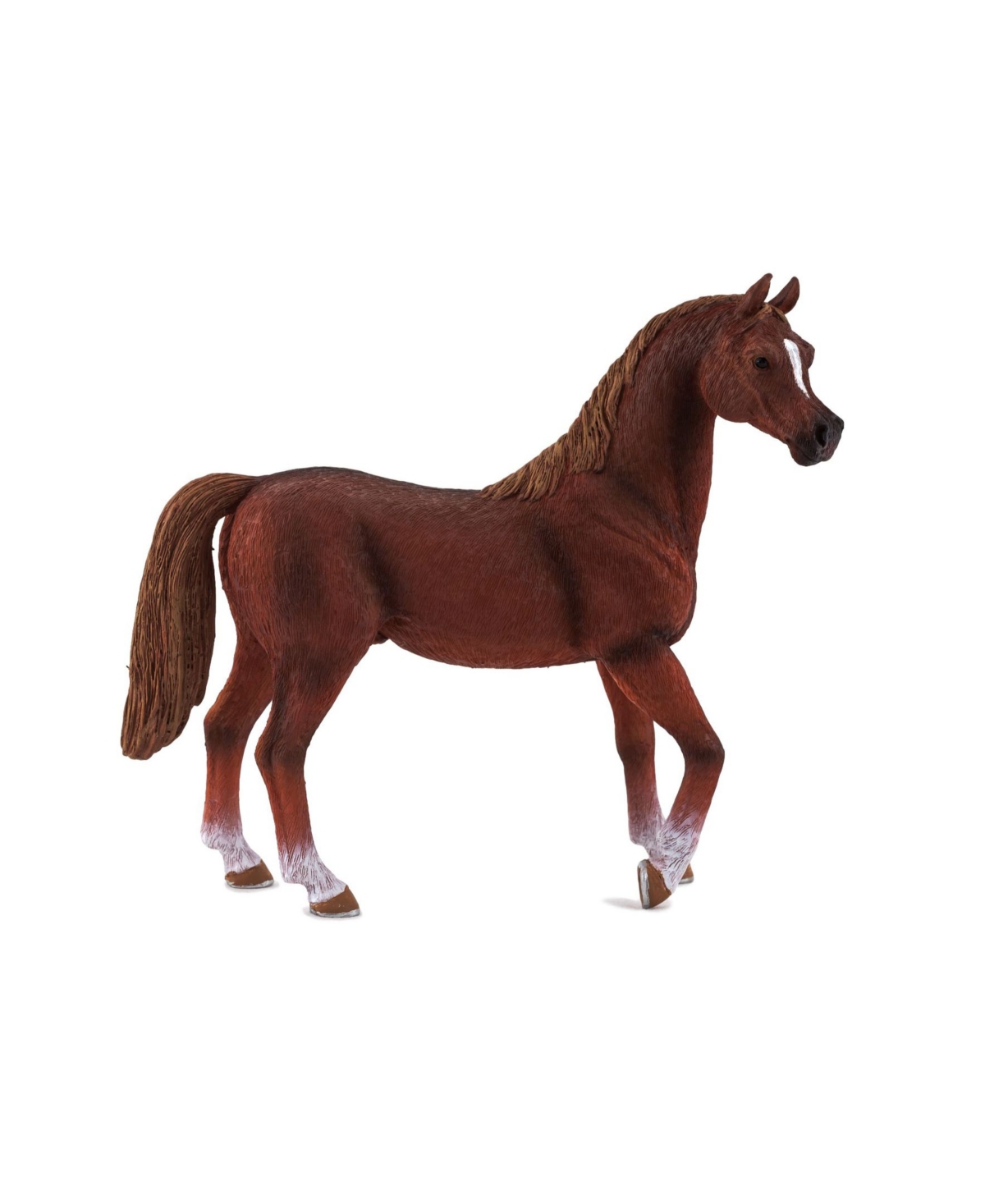 Chestnut-colored Arabian stallion toy figure, made of durable plastic, featuring a detailed mane, white markings on the legs, and a realistic pose.