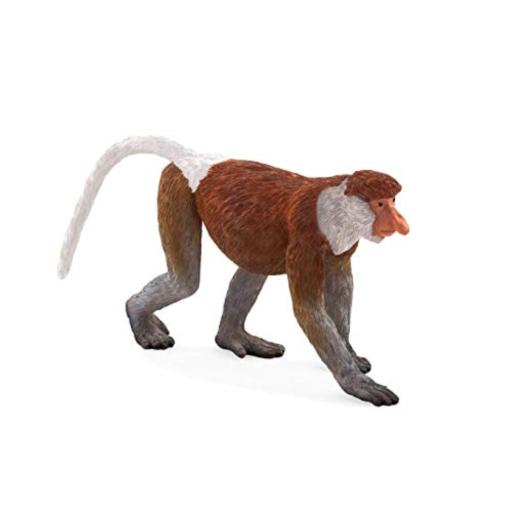 Realistic proboscis monkey figurine with a brown and white body, detailed facial features, and a long tail, made of durable plastic for wildlife enthusiasts.