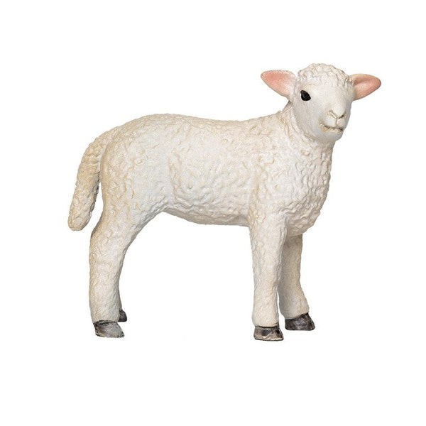 White Romney sheep figurine with textured wool, pink ears, and black hooves, made of durable plastic, ideal as a farm animal toy.