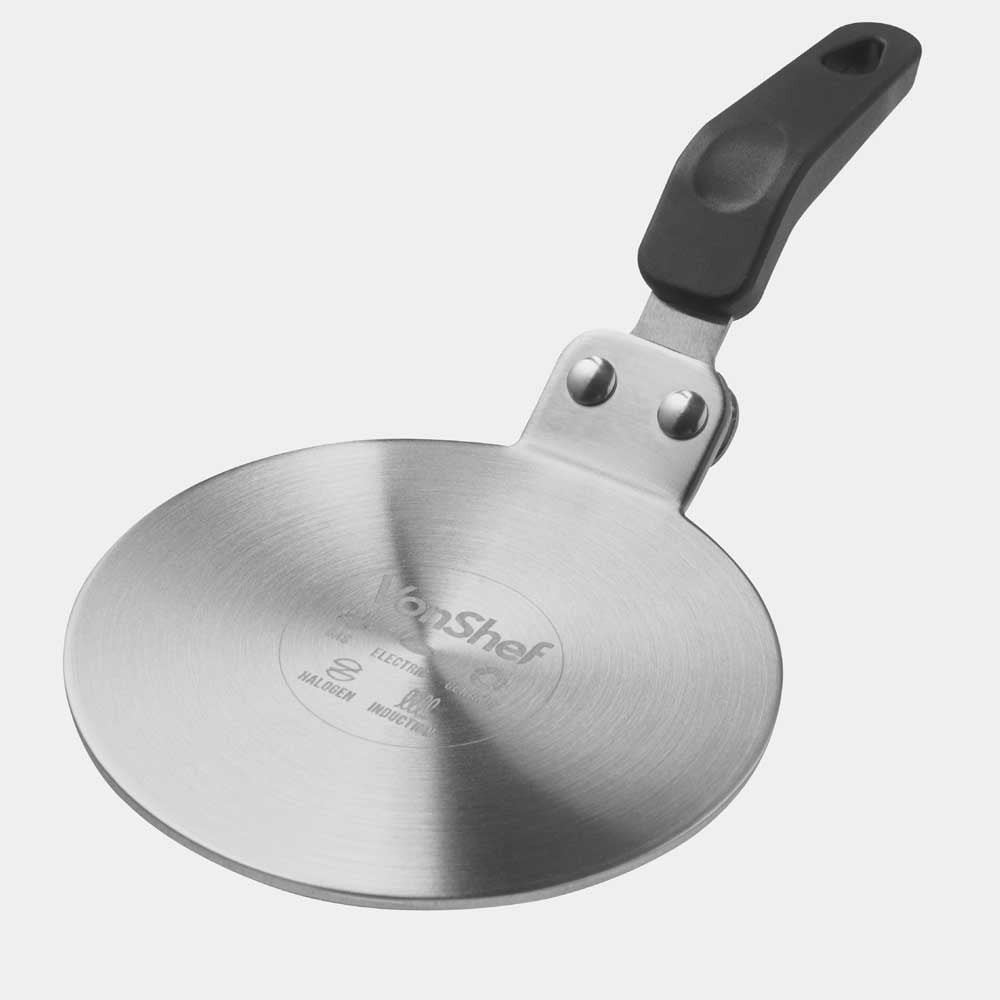 Silver induction hob converter plate with a smooth stainless steel surface and a black plastic handle, designed for use with induction cooktops.