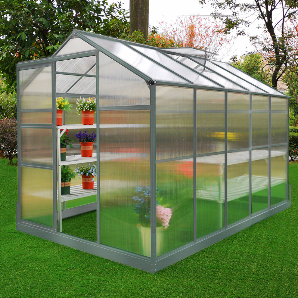 6ft x 10ft greenhouse featuring a silver aluminium base, polycarbonate panels, sliding door, and interior shelves with potted plants, set on green grass.