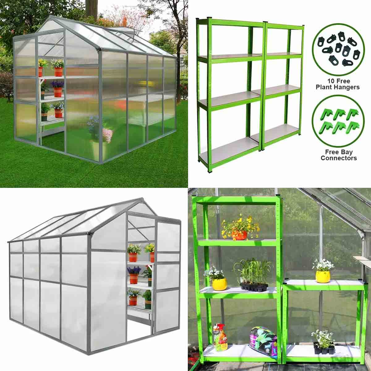 Green greenhouse measuring 6ft x 8ft with transparent panels, metal frame, and two green water-resistant racks featuring multiple shelves for plants.