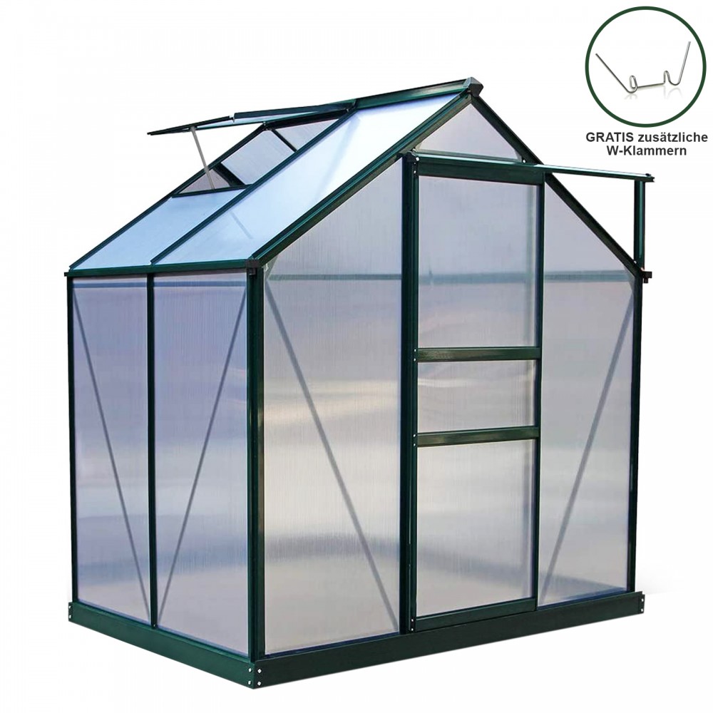 Transparent polycarbonate greenhouse with a green aluminum frame, featuring a sloped roof, double doors, and a sturdy stainless steel foundation, measuring 1.9m x 1.2m.