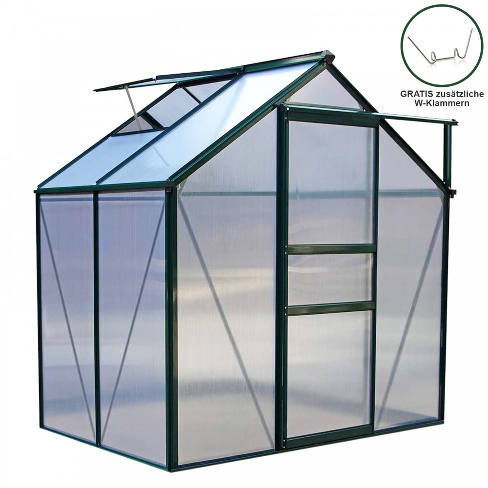 Transparent polycarbonate greenhouse with a green aluminum frame, featuring a sloped roof, double doors, and ventilation windows, measuring 1.9m x 1.2m.