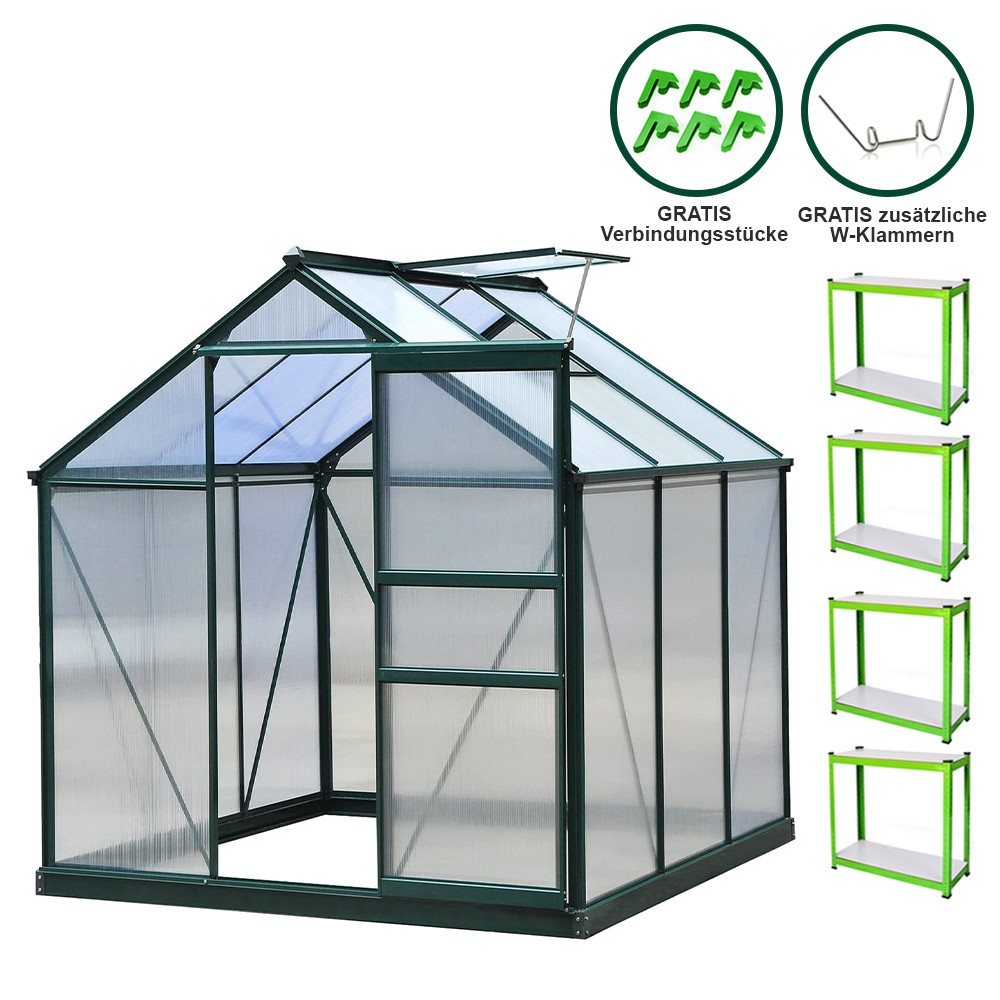 Green aluminum greenhouse measuring 1.9m x 1.9m with a clear polycarbonate roof and walls, featuring a sloped design and additional accessories shown in the corner.