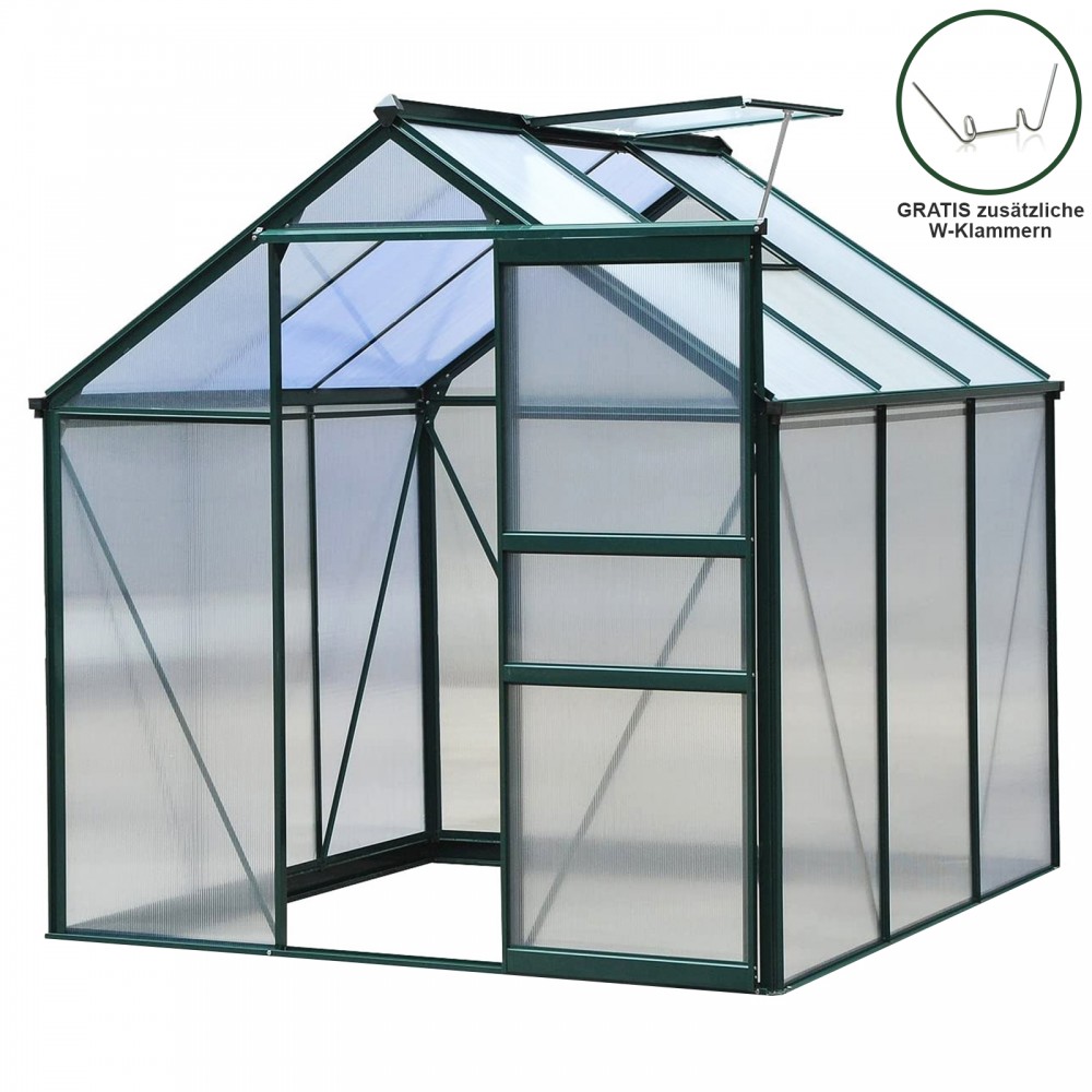 Green aluminum greenhouse measuring 1.9m x 1.9m, featuring transparent panels, a hinged roof vent, and a door, designed for gardening use.