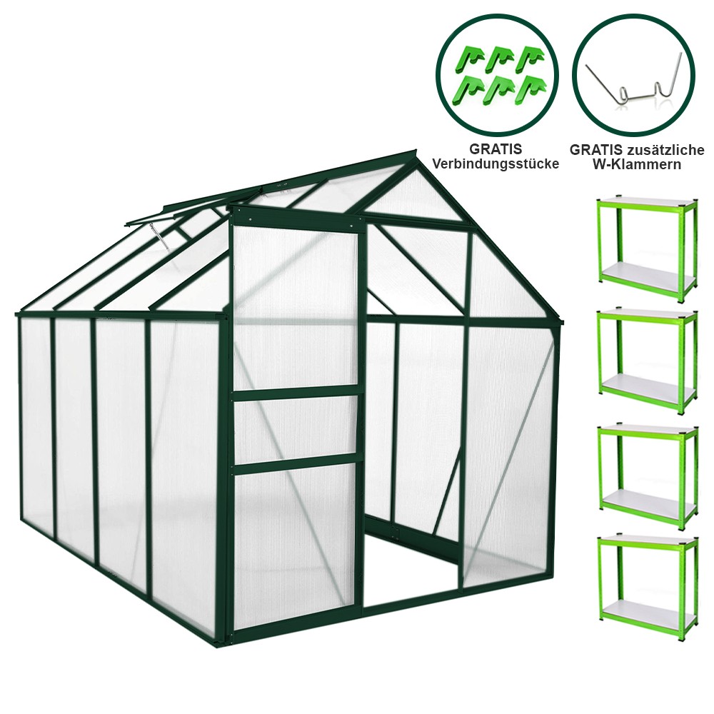 Green aluminum greenhouse measuring 1.9m x 2.5m, featuring transparent panels, a sloped roof, and open shelving inside, with additional brackets shown in the corner.