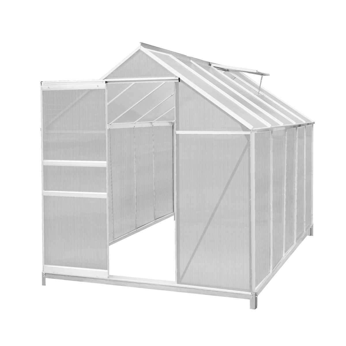 A 6ft x 10ft polycarbonate greenhouse with a silver aluminum frame, featuring a sloped roof, double doors, and transparent panels for optimal sunlight.