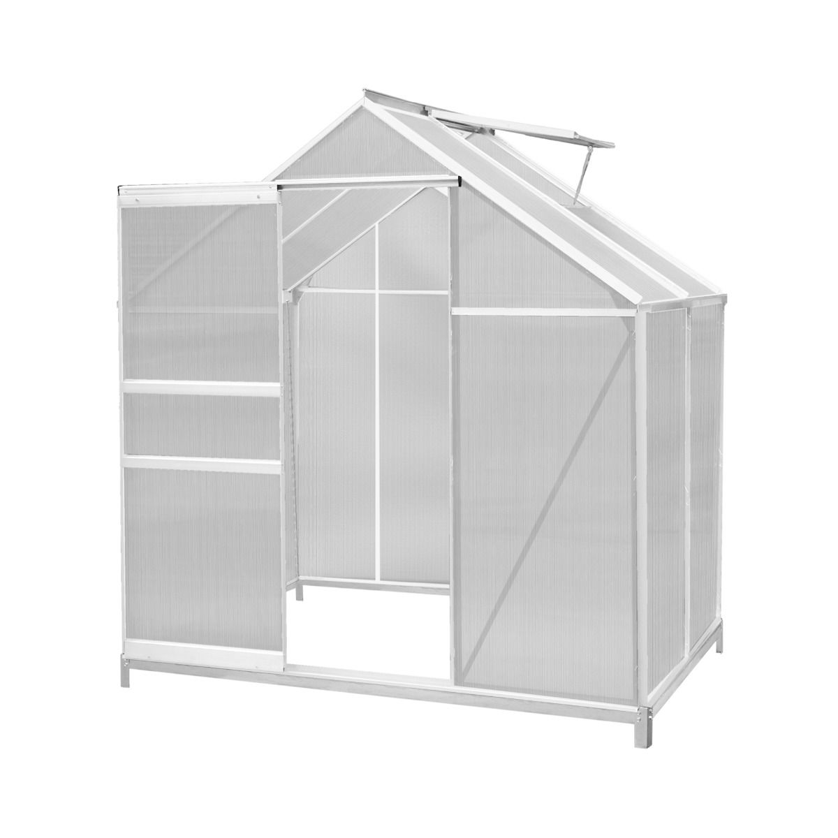 Polycarbonate greenhouse measuring 6ft x 4ft, featuring a silver metal frame, transparent panels, a hinged door, and a roof vent for ventilation.